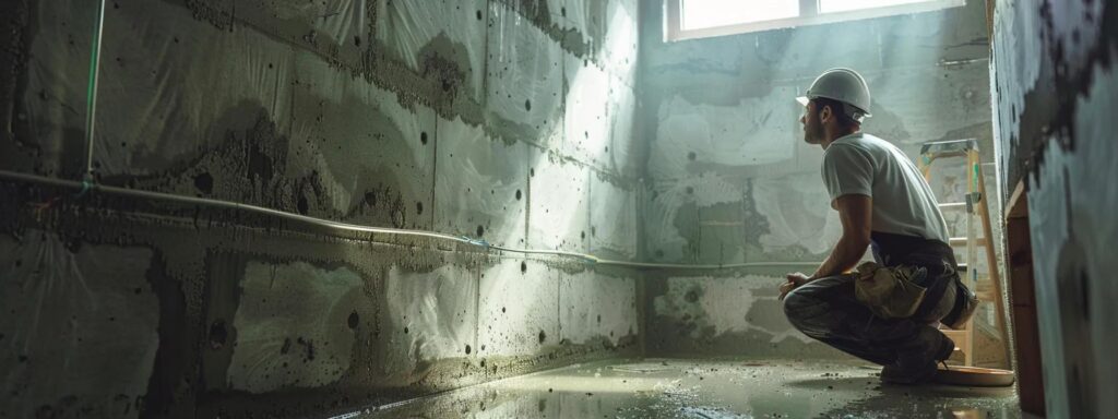 a confident contractor inspects a robust, freshly waterproofed basement, illuminated by natural light filtering through a small window, showcasing the intricate texture of the restored walls and floor.