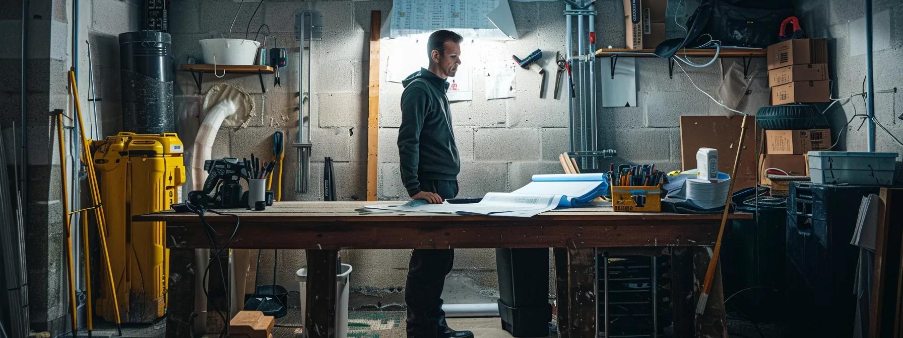a confident waterproofing expert stands in a well-lit basement, equipped with high-tech tools and blueprints spread out on a sturdy workbench, showcasing a professional consultation process focused on assurance and clarity.