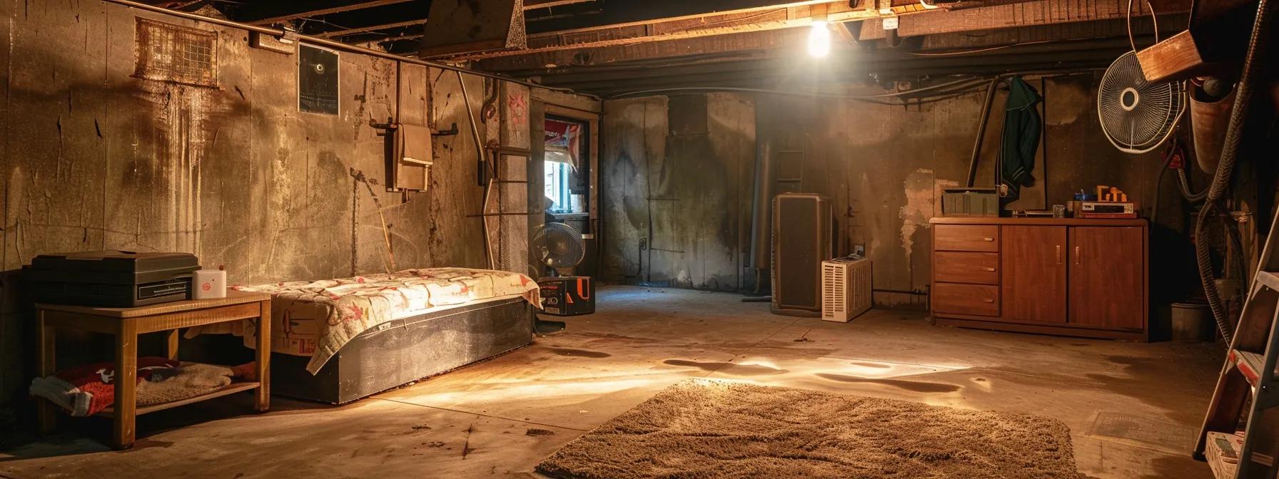 a dimly lit basement in a cleveland home reveals damp, stained walls and efflorescence, highlighting the urgent need for professional waterproofing services against the backdrop of a weary, urban structure.