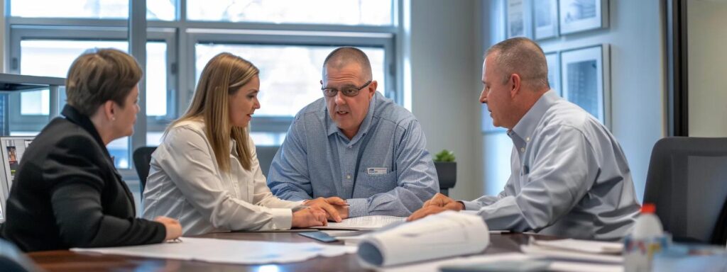 a focused shot of a modern, well-equipped office space where cleveland waterproofing experts are intensely collaborating over detailed blueprints and high-tech equipment, emphasizing their professionalism and expertise in effective waterproofing solutions.