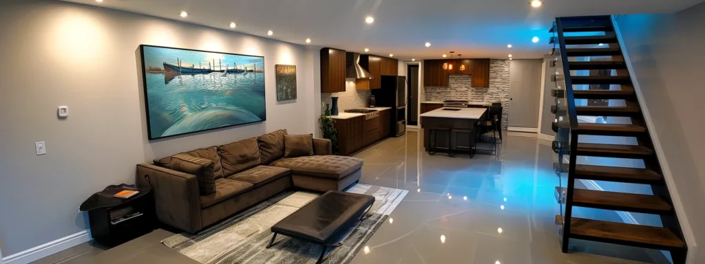 a modern cleveland basement is captured in sharp focus, showcasing advanced waterproofing solutions with gleaming drain systems, secure sump pumps, and well-maintained walls, highlighted by strategic indoor lighting that emphasizes a dry and protected environment.