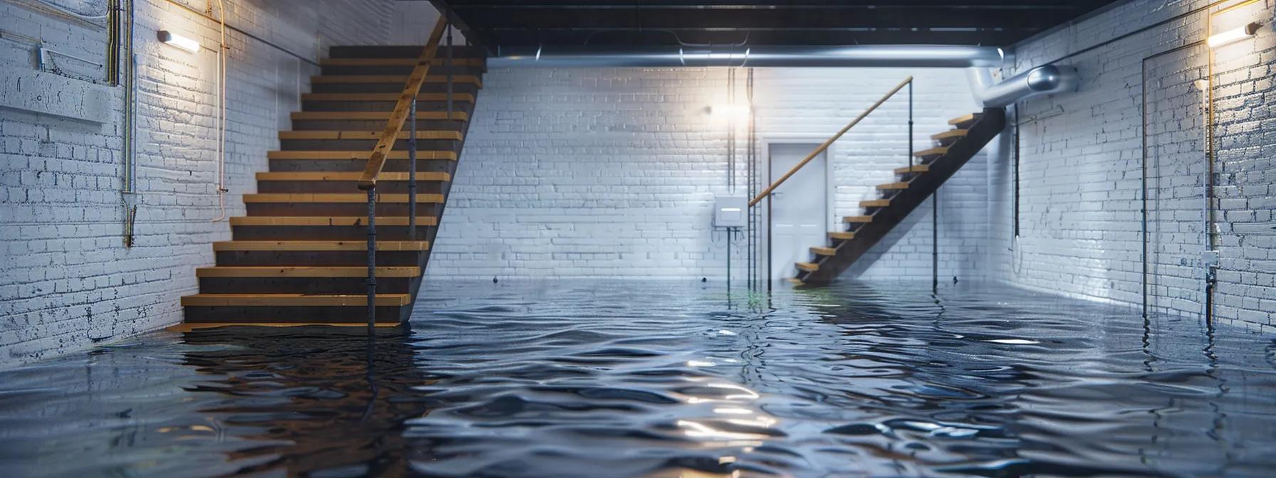 a modern, well-lit basement showcasing advanced waterproofing technology with clear, visible barriers against moisture, emphasizing a sleek and professional interior designed for durability and safety.