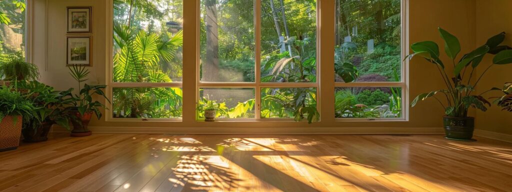 a radiant, sunlit basement reveals pristine, waterproofing solutions with gleaming walls and vibrant greenery peeking through a large window, evoking a sense of harmony and tranquility in urban cleveland.