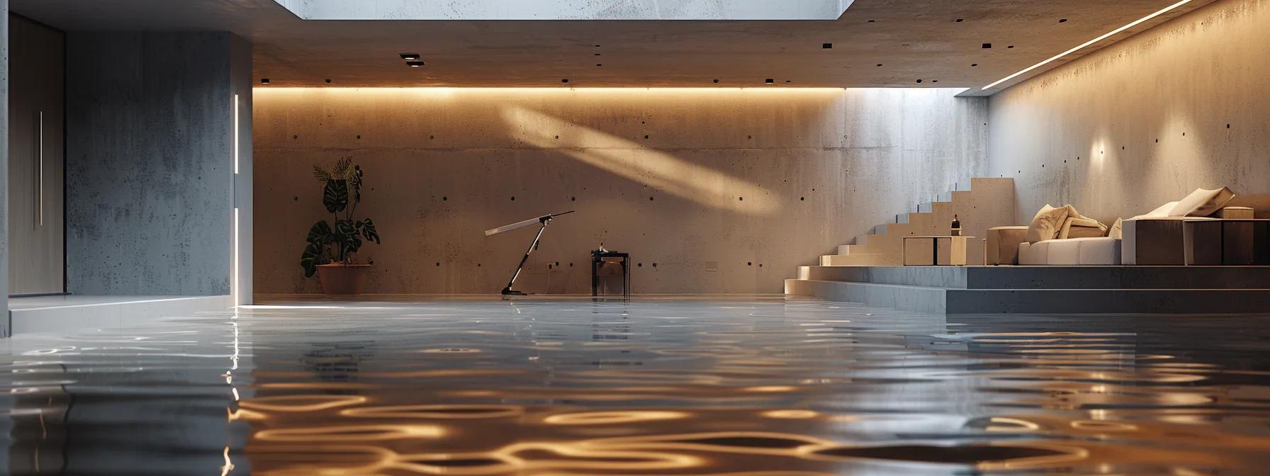 a sleek, modern basement flooded with soft, ambient lighting showcases advanced waterproofing equipment and a professional team meticulously inspecting the foundation, emphasizing the commitment to quality and protection against water damage.