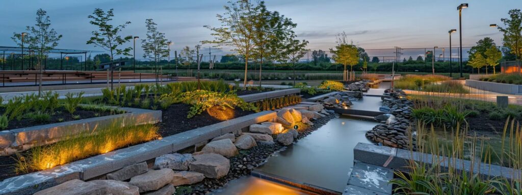 a stunning photograph of a modern waterproofing construction site in cleveland, showcasing vibrant green landscaping juxtaposed with sleek, glistening waterproofing materials under soft, diffused lighting.