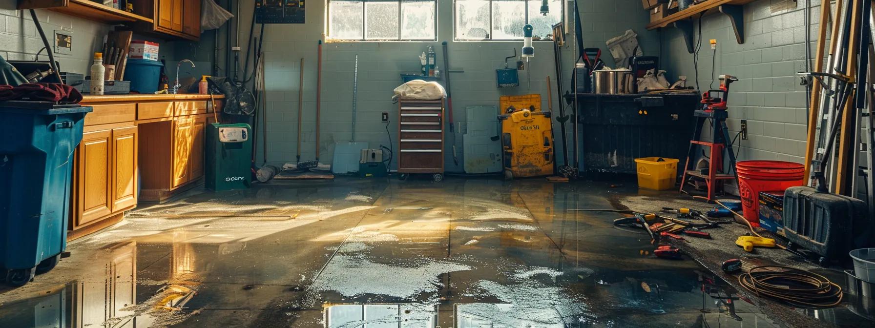 a bright, professional basement restoration scene showcases advanced tools and materials laid out in an organized manner, highlighting the meticulous repair work being done on water-damaged walls and floors in a cleveland residence.