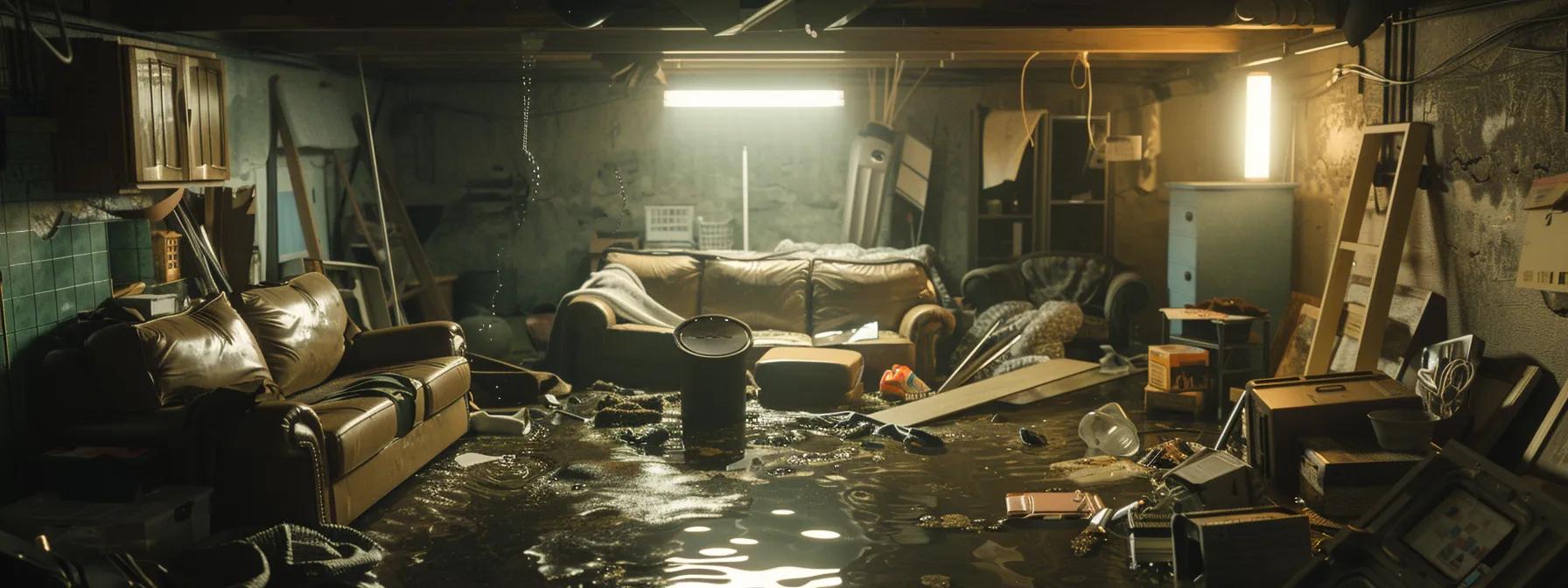 a cluttered basement with visibly soaked furniture and water pooling on the floor, illuminated by harsh fluorescent lights, illustrating the immediate aftermath of a flood, poised for urgent cleanup efforts.