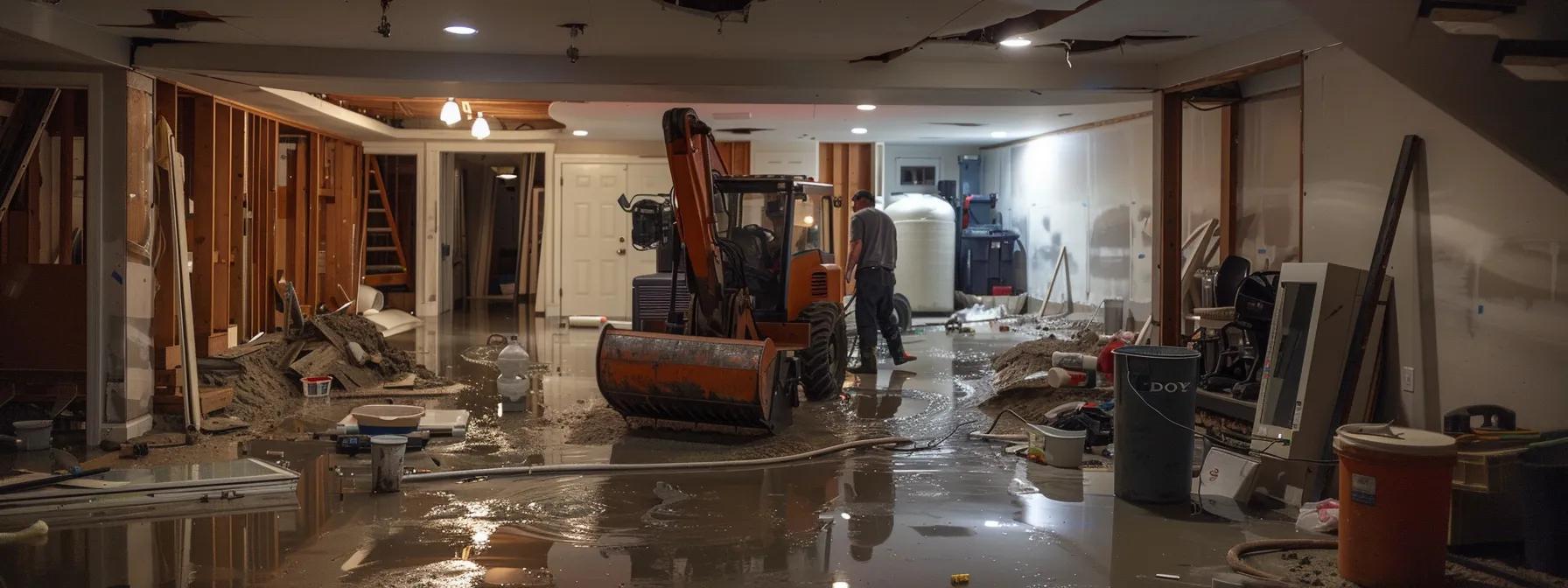 a focused view of a modern, well-equipped basement restoration team in action, utilizing advanced machinery to efficiently address a flooded basement, with clear evidence of both water damage and professional expertise in a clean, organized indoor environment.