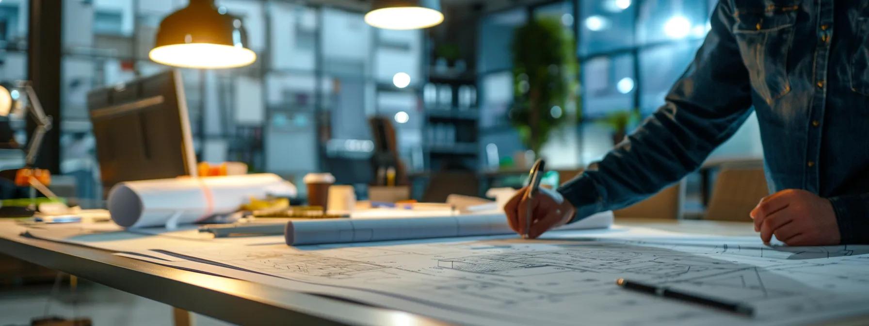 a detailed close-up of a professional contractor discussing waterproofing solutions in a modern cleveland office, showcasing blueprints and materials on a sleek conference table, illuminated by bright, focused overhead lighting.