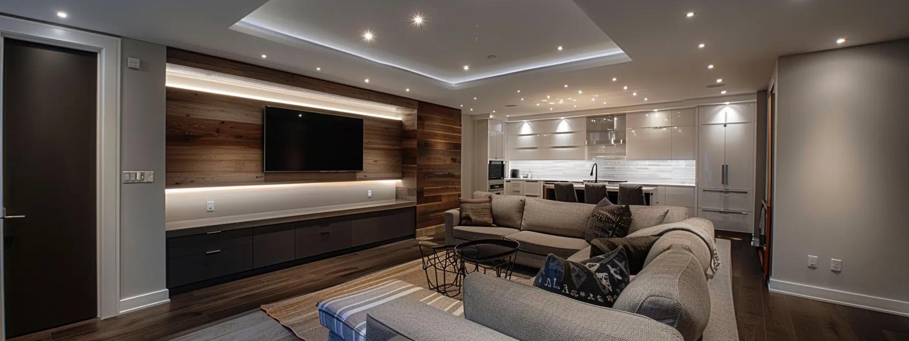 a modern basement expertly waterproofed, showcasing sleek finishes and a dry, well-lit environment, highlighting the long-term benefits of professional waterproofing services.