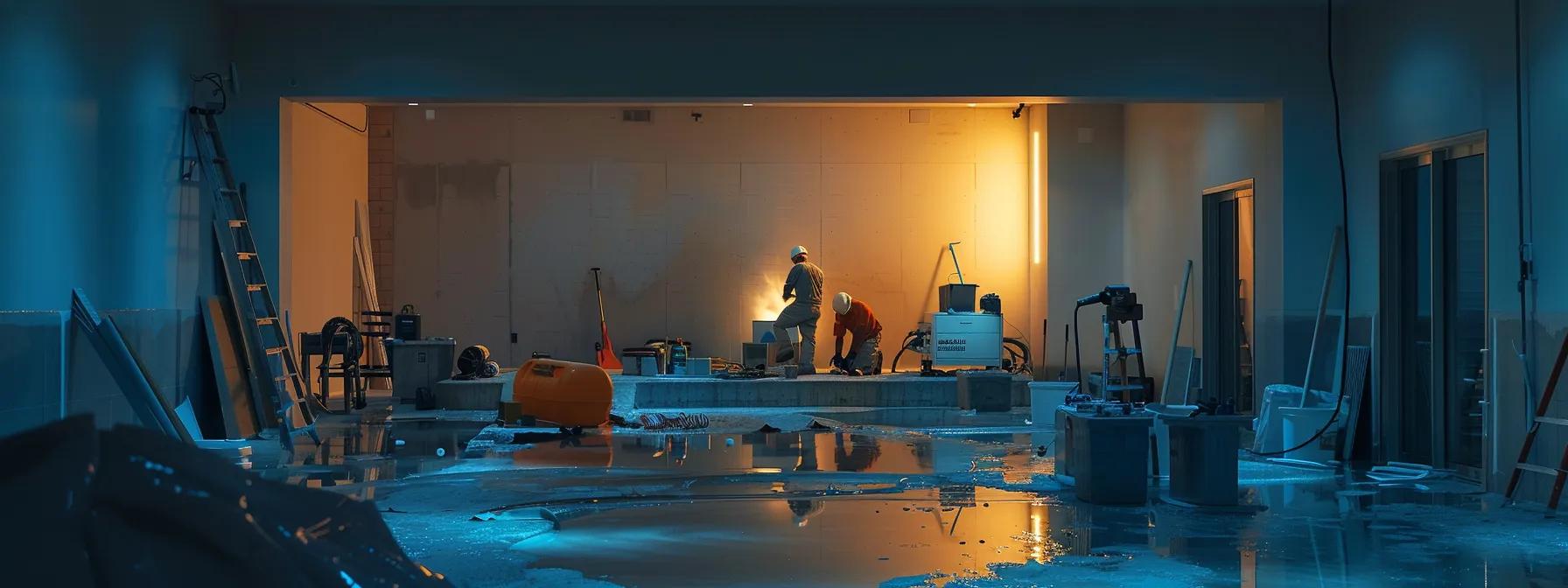 a sleek, modern basement being expertly waterproofed, showcasing workers in action applying advanced sealant technology in a well-lit, organized environment.