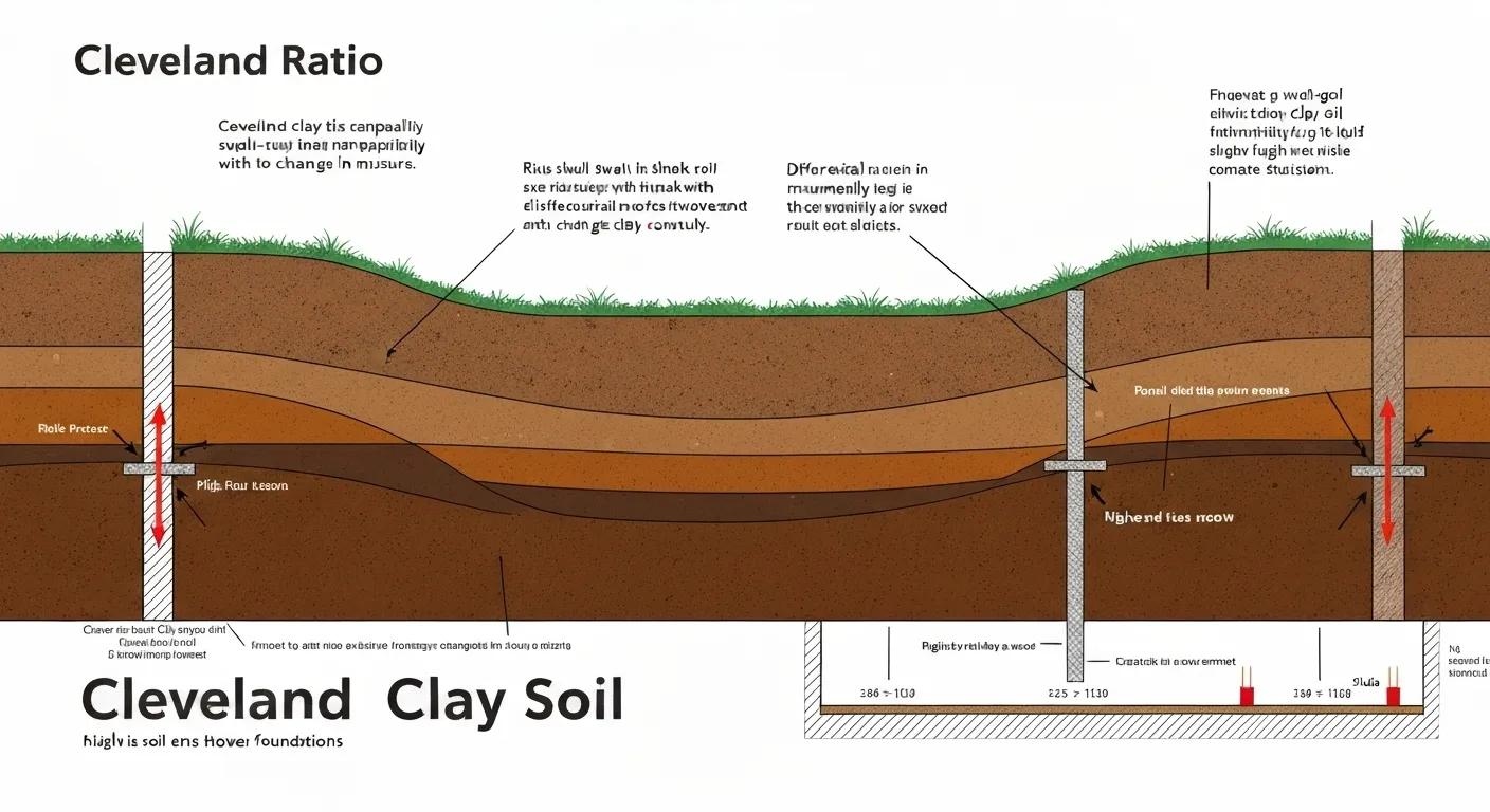 Cross-section of Cleveland clay soil illustrating its expansive properties and impact on foundations