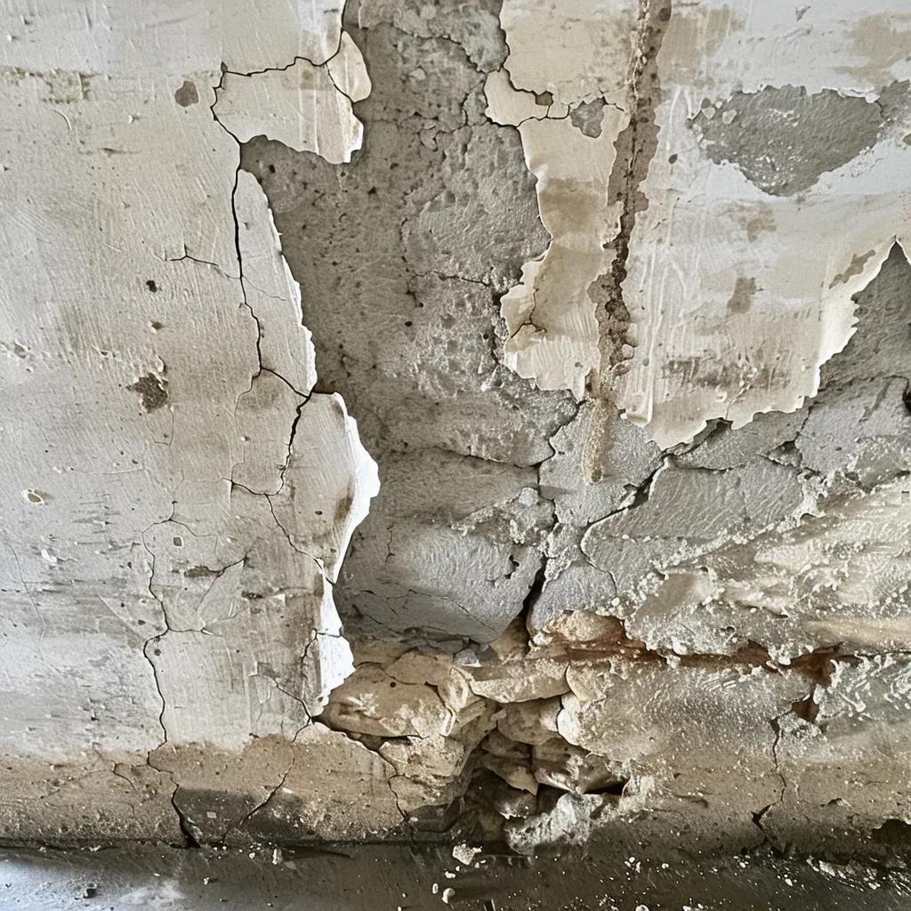 Visible signs of basement water damage including efflorescence, damp areas, and foundation cracks