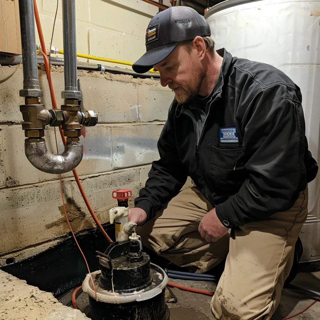 Technician installing a sump pump in a basement for effective moisture management