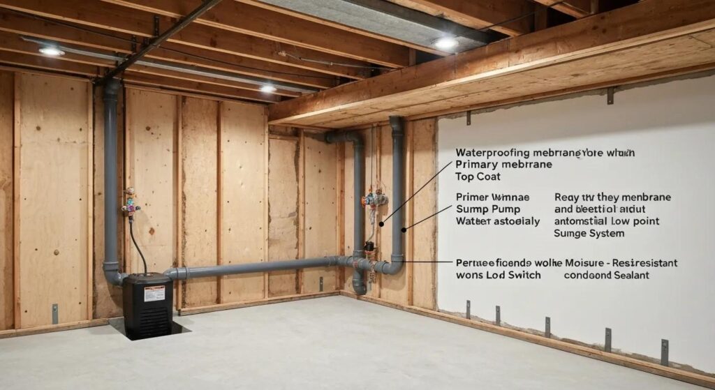 Modern basement waterproofing setup with sump pump and waterproofing membranes in a Cleveland home