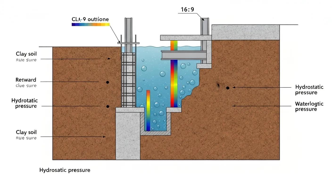 Cross-section of a basement wall showing clay soil and hydrostatic pressure effects on foundations
