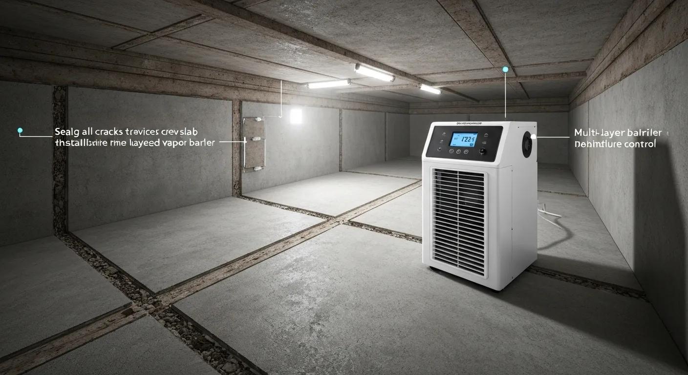 Crawl space encapsulation process with vapor barriers and dehumidifier installed for moisture control