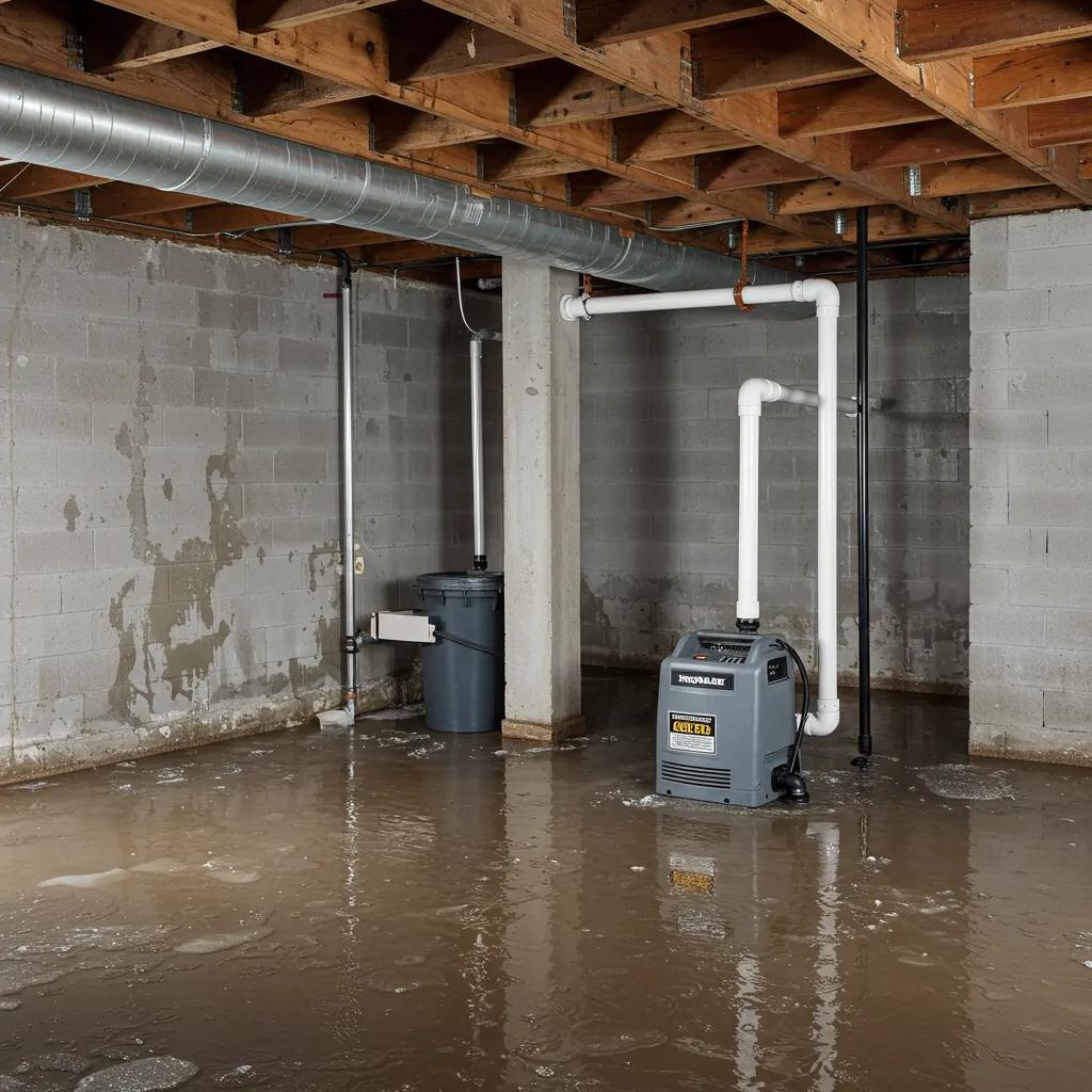 Cleveland basement flooding with water pooling and a sump pump in action, illustrating the need for waterproofing solutions